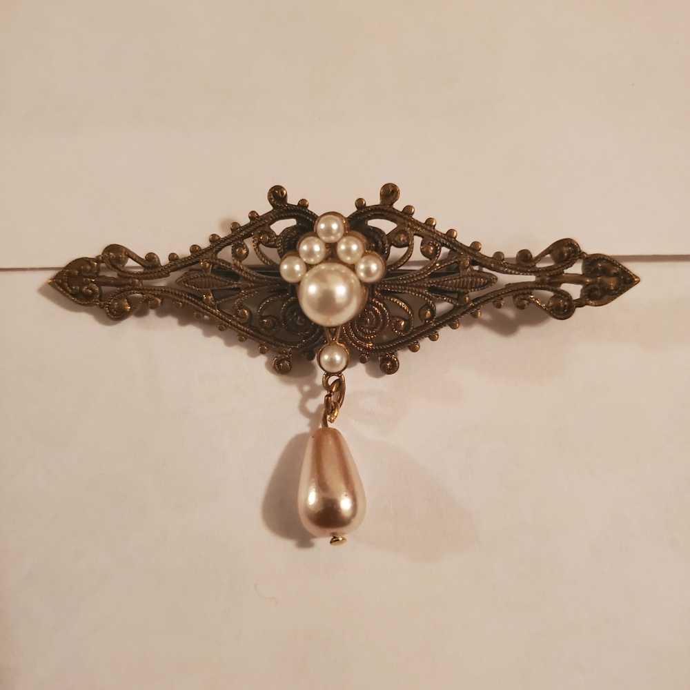Vintage Copper Pearl Safety Pin Clasp Brooch Pin